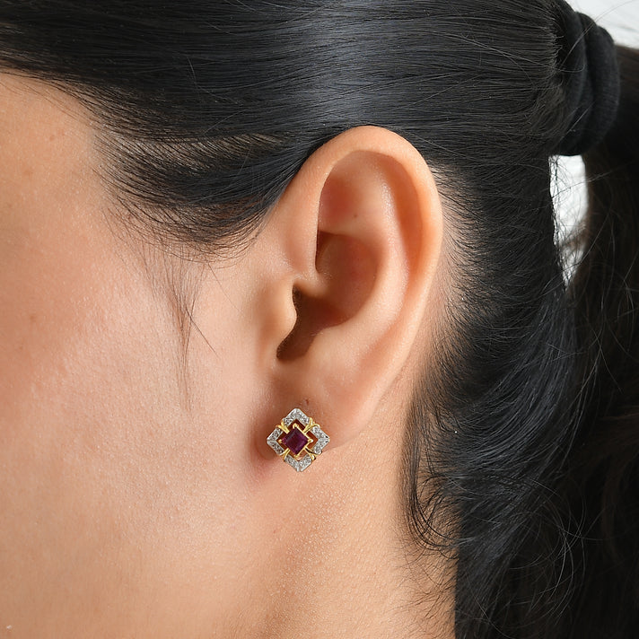 D'Joy - Orissa Natural Rhodolite Garnet &amp; White Zircon Earring with Push Post in Yellow Gold Plated Sterling Silver 1.25 Ct. 8744154 2