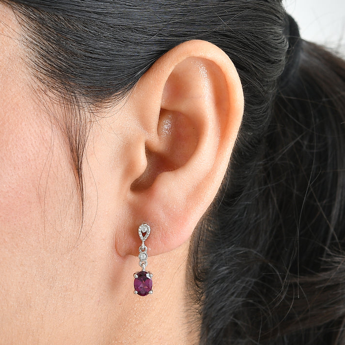 D'Joy - Orissa Natural Rhodolite Garnet &amp; White Zircon Dangling Earring with Push Back in Platinum Overlay Sterling Silver 2.11 Ct. 8744156 2