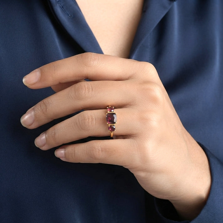 D'Joy - Orissa Natural Rhodolite Garnet Trilogy Ring in Yellow Gold Plated Sterling Silver 2.00 Ct. 8744168 2