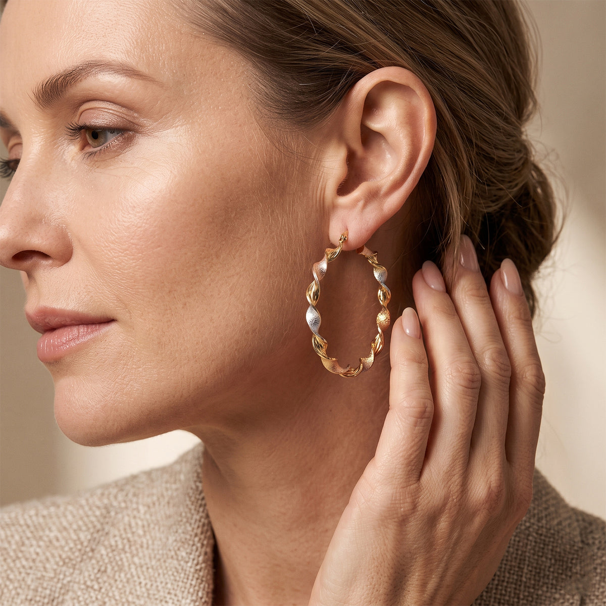 Tri-Colour Oval Drop Hoop Earring with Clasp 8744660 1