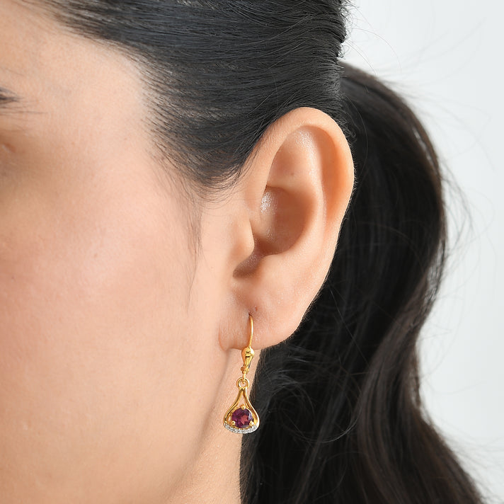 D'Joy - Orissa Natural Rhodolite Garnet &amp; White Zircon Dangling Earring with Lever Back in Yellow Gold Plated Sterling Silver 1.45 Ct. 8744798 2