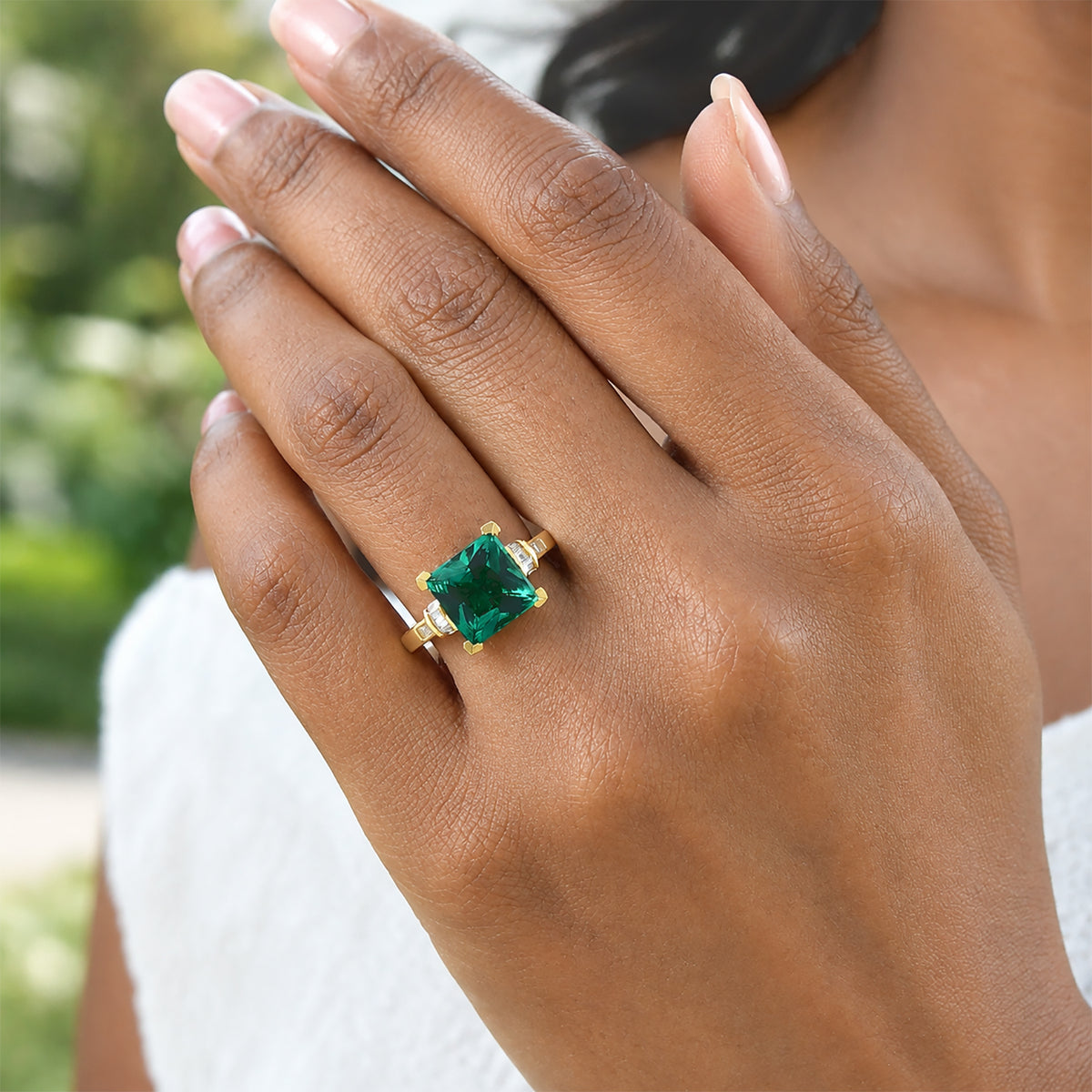 Luxuriant Lab Grown Emerald, Lab Grown Diamond Main Stone With Side Stone Ring in 18K YG VermeilSterling Silver  4.172  Ct. 8745621 2