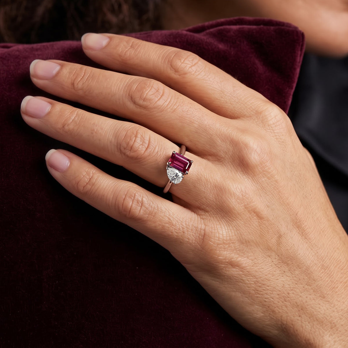 D'Joy - Orissa Natural Rhodolite Garnet &amp; Moissanite Toi-et-Moi Ring in Platinum Overlay Sterling Silver 1.08 Ct. V32699080 1