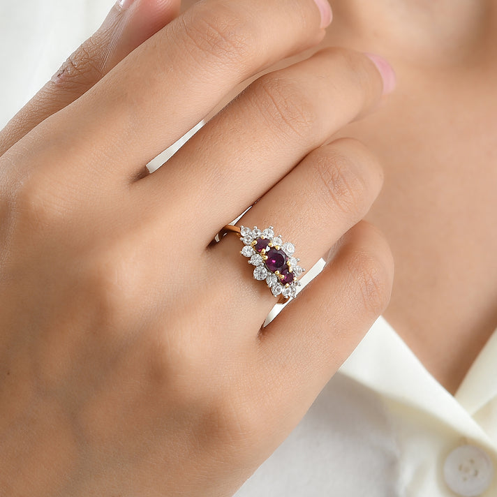D'Joy - Orissa Natural Rhodolite Garnet &amp; White Zircon Cluster Ring in Yellow Gold Plated Sterling Silver 2.05 Ct. 8745777 2