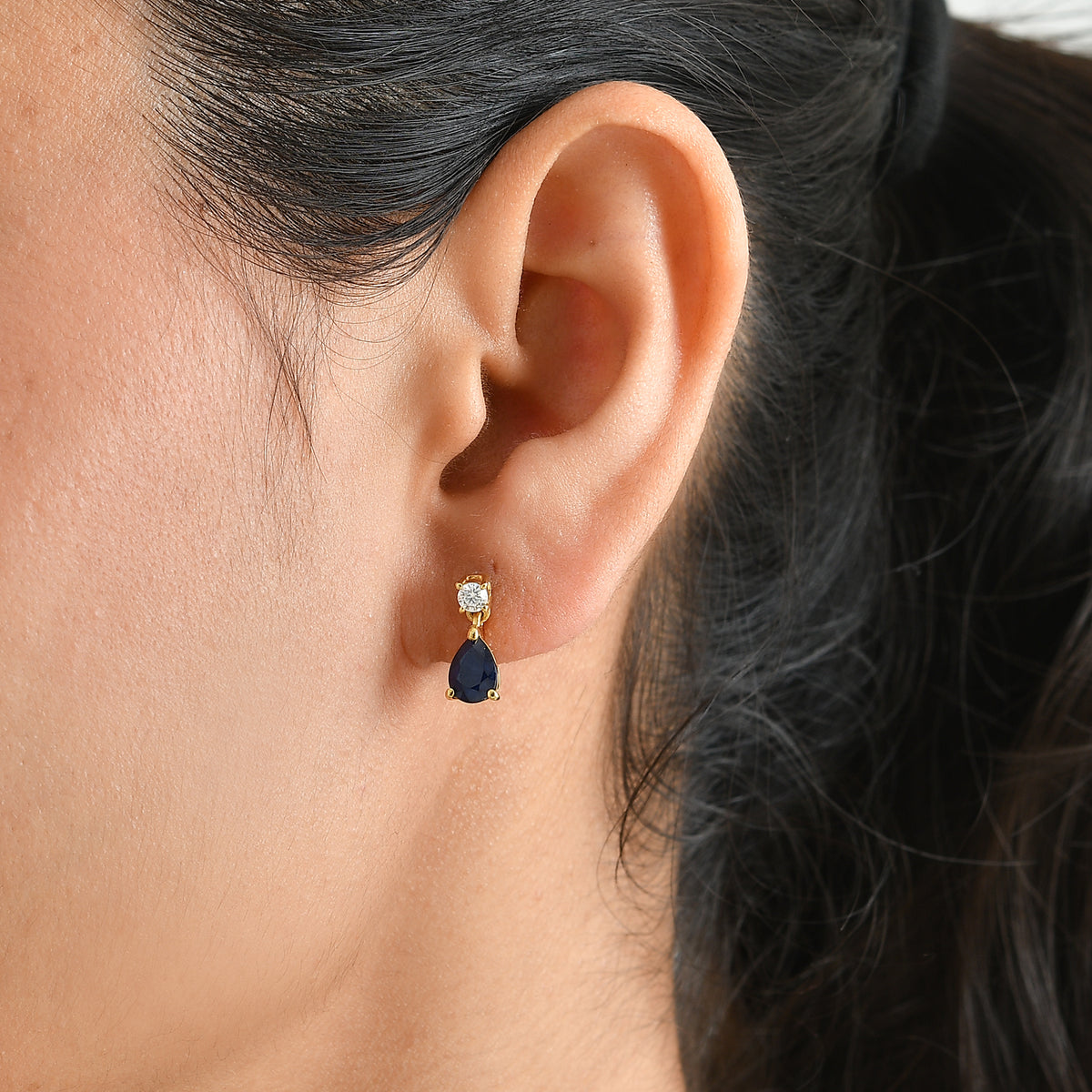 D'Joy - AAA Diffused Blue Sapphire &amp; Moissanite Earring with Push Post in Yellow Gold Plated Sterling Silver 1.90 Ct. 8748267 1