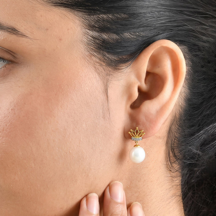 D'Joy - AAA Edison Pearl (9-10mm) &amp; White Zircon Crown Earring with Push Post in Yellow Gold Plated Sterling Silver 13.46 Ct. 8748288 2