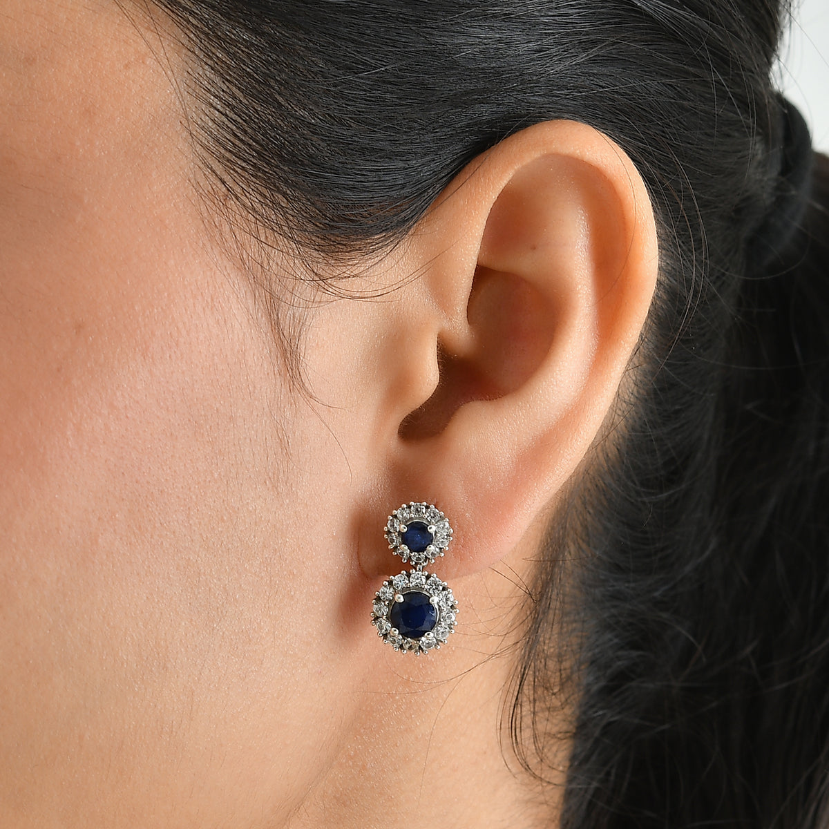 D'Joy - AAA Diffused Blue Sapphire &amp; White Zircon Dangling Earring with Push Back in Rhodium Overlay Sterling Silver 4.85 Ct. 8748291 2