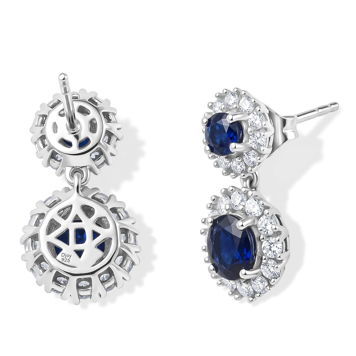 D'Joy - AAA Diffused Blue Sapphire &amp; White Zircon Dangling Earring with Push Back in Rhodium Overlay Sterling Silver 4.85 Ct. 8748291 4