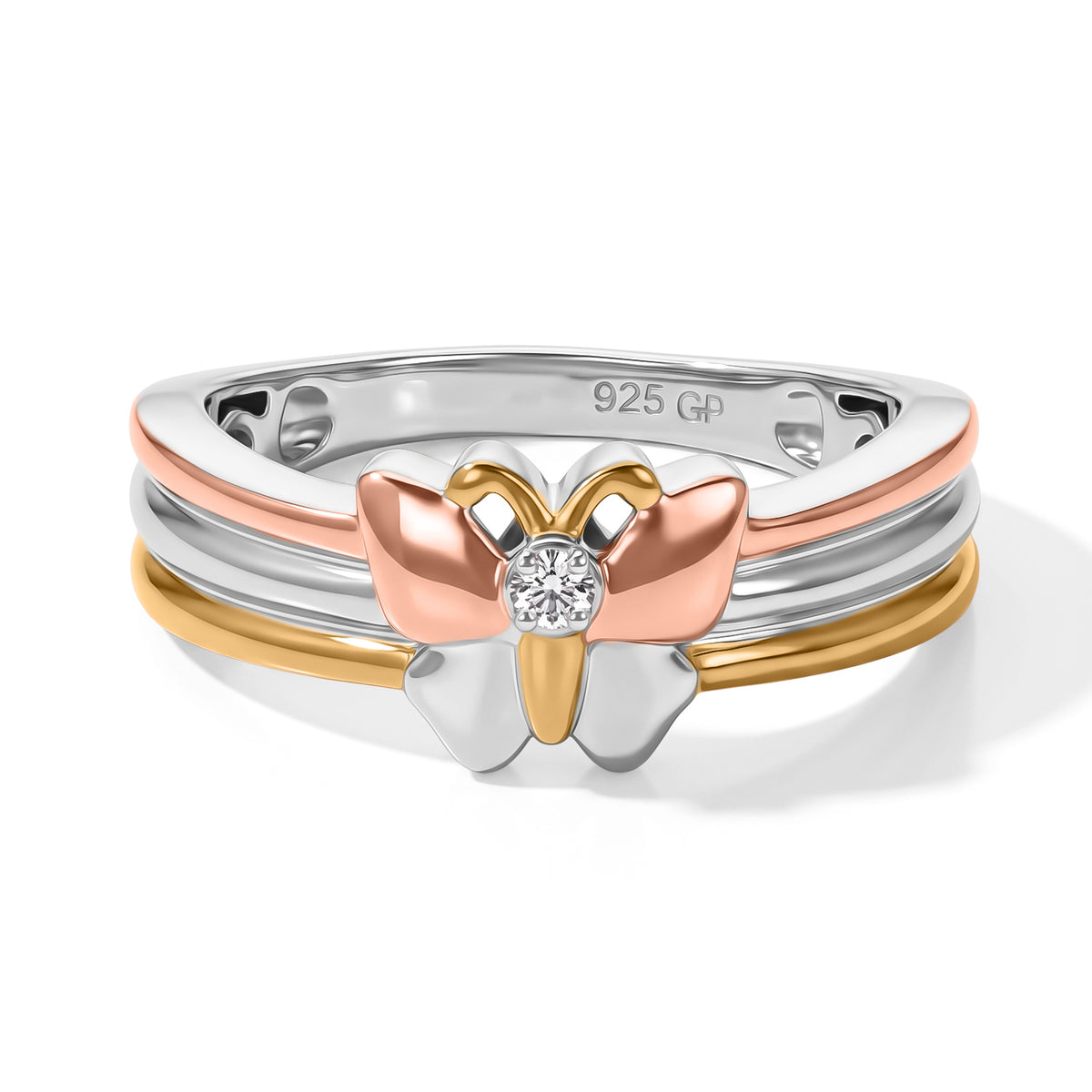 Live From Vicenza GP - White Zircon &amp; Blue Sapphire Butterfly Ring in 18K Vermeil Yellow &amp; Rose Gold Plated &amp; Rhodium Overlay Sterling Silver 8748466 0