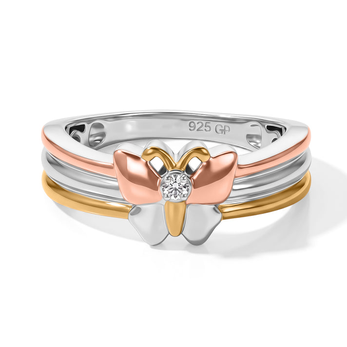 Live From Vicenza GP - White Zircon &amp; Blue Sapphire Butterfly Ring in 18K Vermeil Yellow &amp; Rose Gold Plated &amp; Rhodium Overlay Sterling Silver 8748466 1