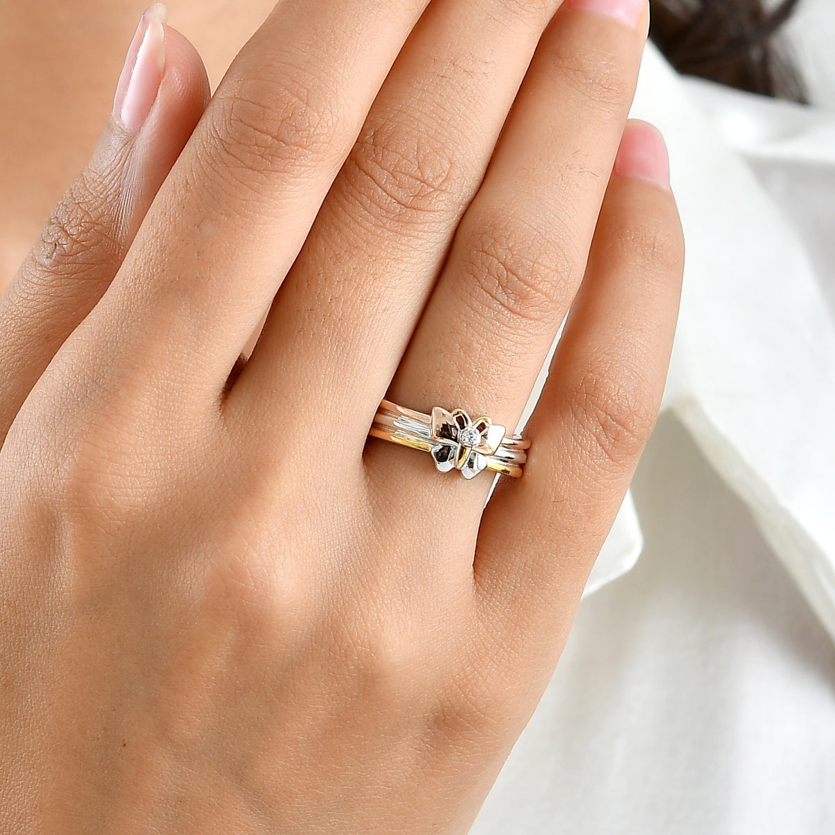 White Zircon &amp; Blue Sapphire Butterfly Ring in 18K Vermeil Yellow &amp; Rose Gold Plated &amp; Rhodium Overlay Sterling Silver 8748474 2