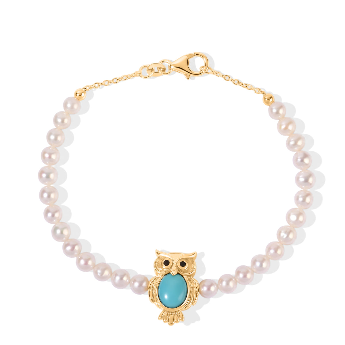 Live From Vicenza GP - Natural Turquoise, Fresh Water Pearl, Black Spinel &amp; Blue Sapphire Owl Bracelet (Size - 7.5) in 18K Vermeil Yellow Gold Plated Sterling Silver 23.30 Ct. 8749170 0