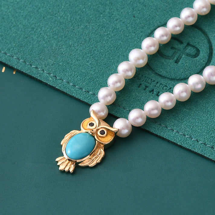 Live From Vicenza GP - Natural Turquoise, Fresh Water Pearl, Black Spinel &amp; Blue Sapphire Necklace (Size - 20) in 18K Vermeil Yellow Gold Plated Sterling Silver 22.07 Ct. 8749313 2