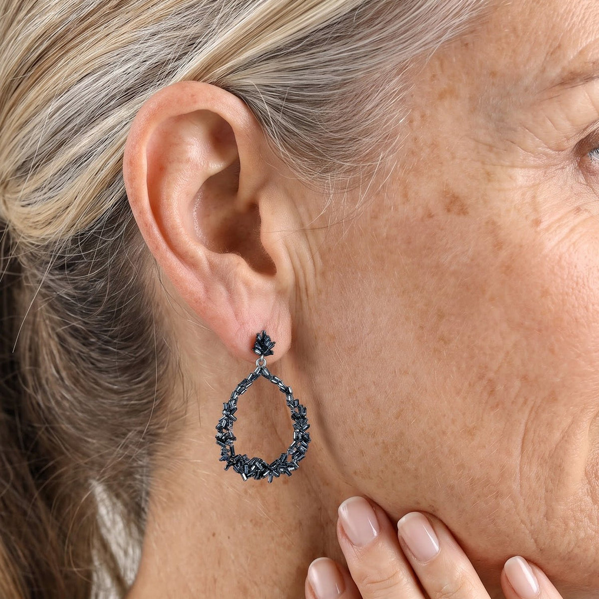 GP - Blue Diamond &amp; Blue Sapphire Earring with Push Post in Rhodium Overlay Sterling Silver 1.10 Ct. 8749827 3