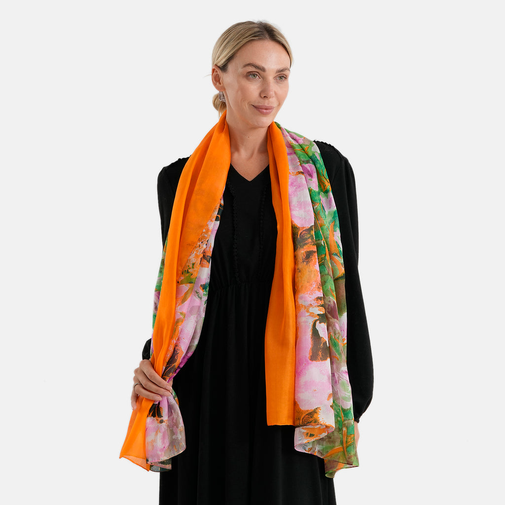 La Marey Mulberry Silk Patterned Scarf (Size - One Size) - Orange_8751111_1