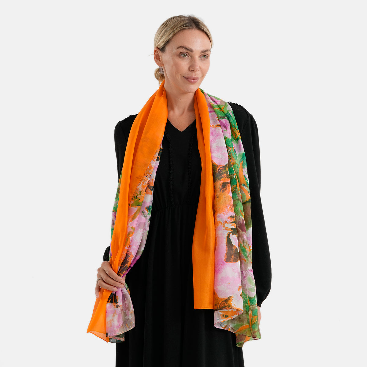 La Marey Mulberry Silk Patterned Scarf (Size - One Size) - Orange 8751111 1