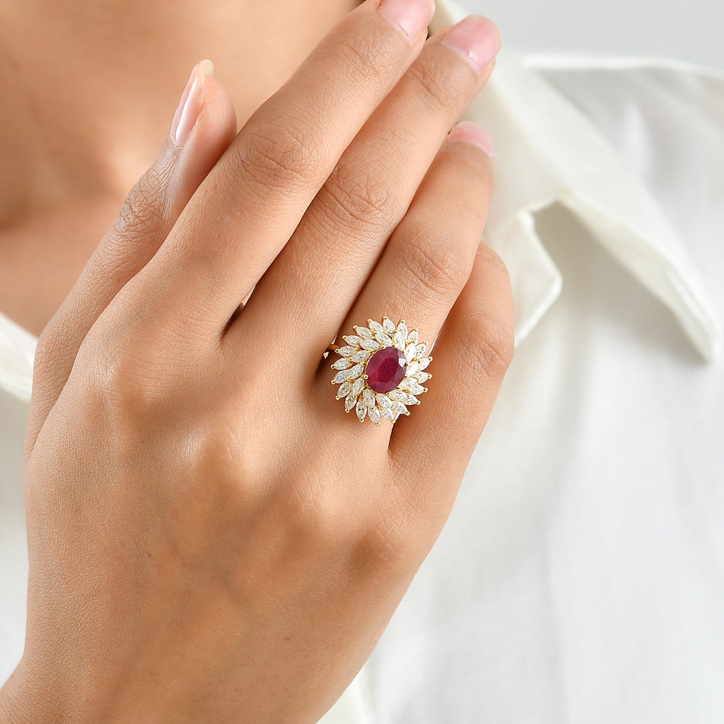 D'Joy - AAA African Ruby & Moissanite Halo Ring in 18K Vermeil Yellow Gold Plated Sterling Silver 4.80 Ct._8751432_1