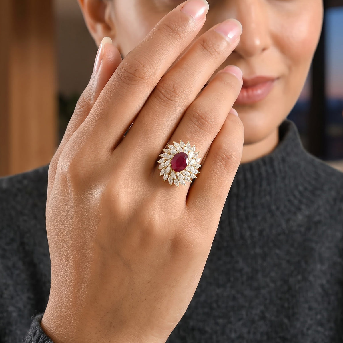 The Tudor Rose Bloom - AAA African Ruby &amp; Moissanite Sunburst Halo Ring in 18K Vermeil Yellow Gold Plated Sterling Silver 4.80 Ct. 8751432 3