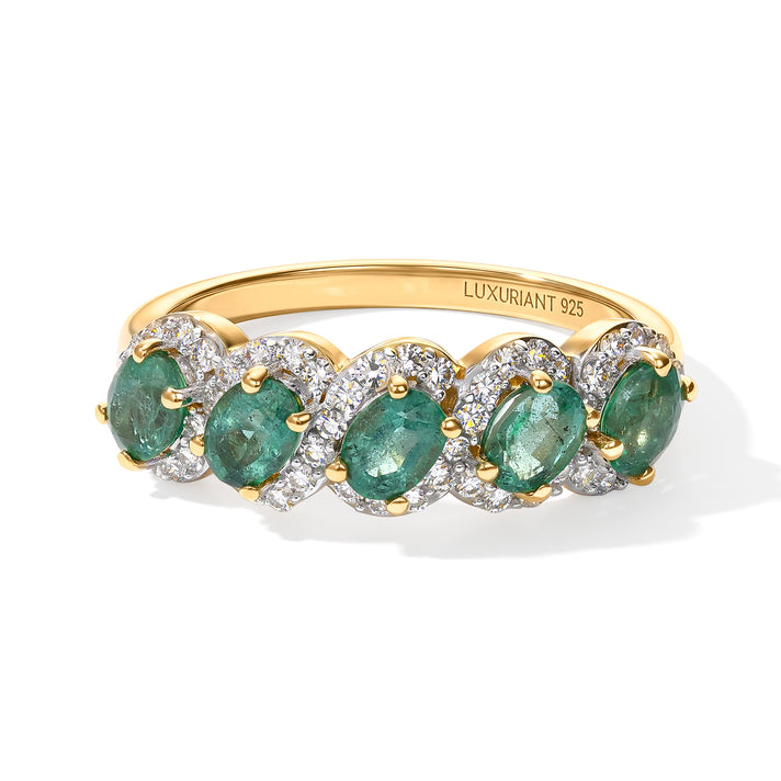 Luxuriant - AAA Gemfields Zambian Emerald &amp; Lab Grown Diamond (SI/G-H) 5 Stone Halo Ring in 18K Vermeil Yellow Gold Plated Sterling Silver 1.20 Ct. 8751672 1