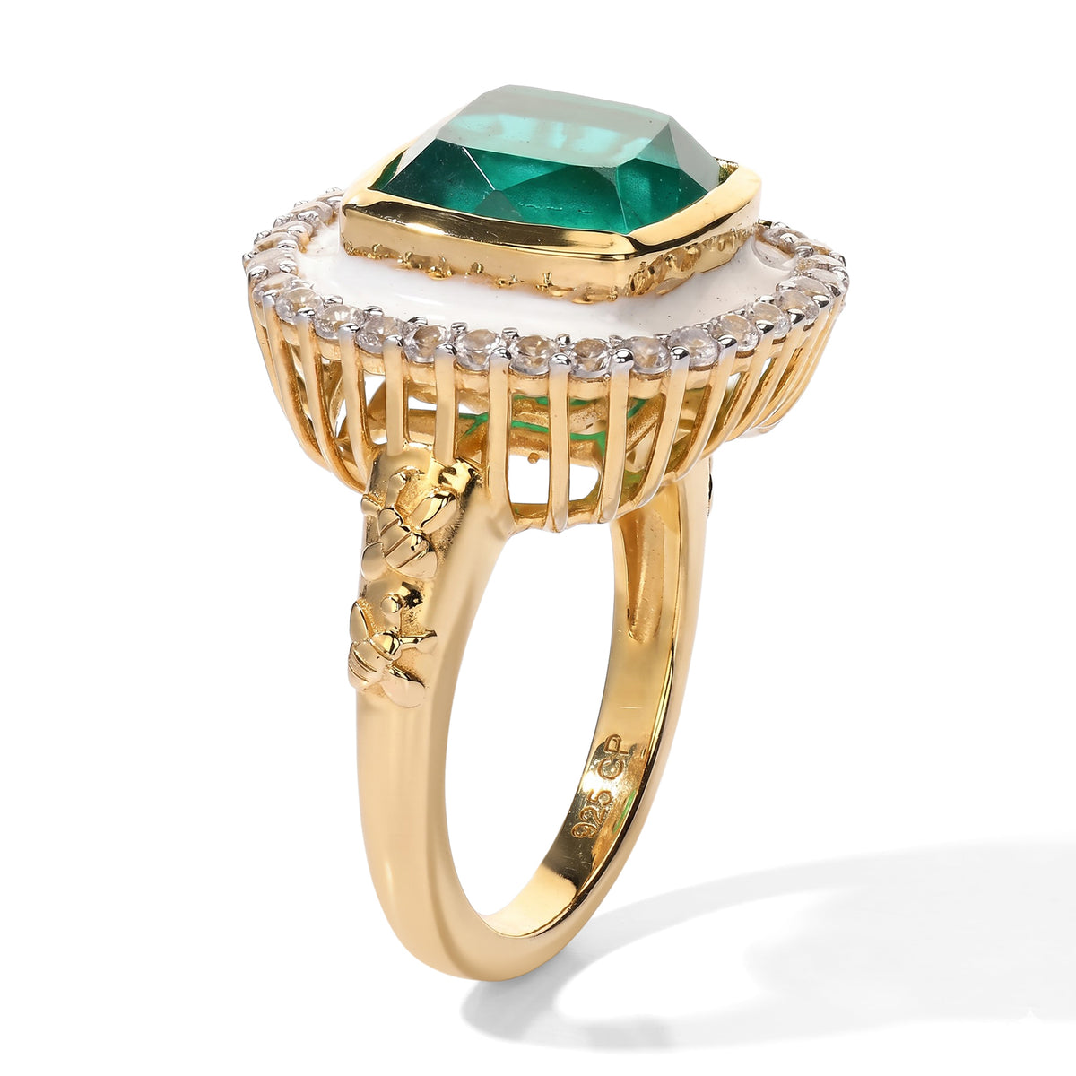 Live From Vicenza GP - Colombian Emeraldine Colour Quartz, White Zircon &amp; Blue Sapphire Halo Ring in 18K Vermeil Yellow Gold Plated Sterling Silver 5.83 Ct. 8751757 3