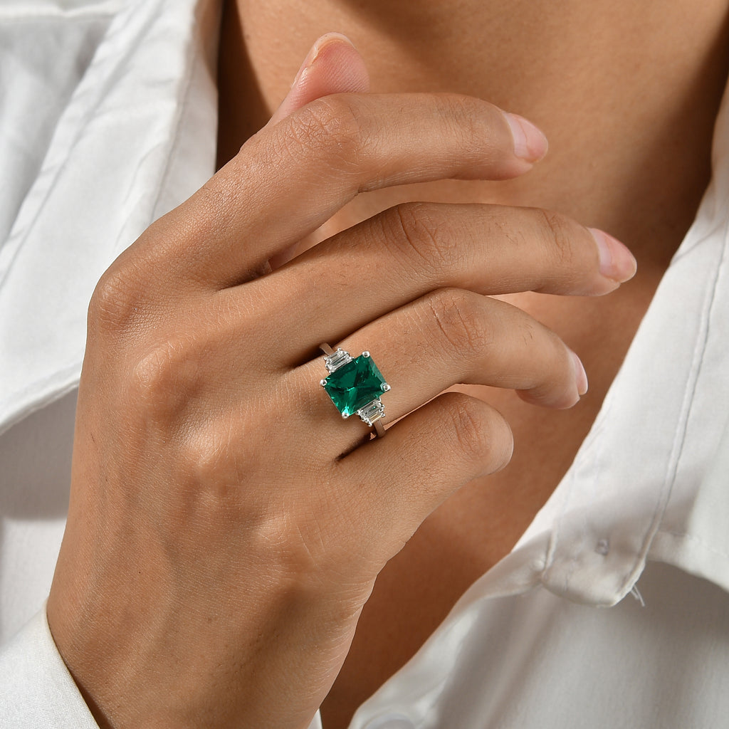Luxuriant - Lab Grown Columbian Emerald & Lab Grown Diamond (SI/G-H) Ring in Rhodium Overlay Sterling Silver 3.35 Ct._8752496_1