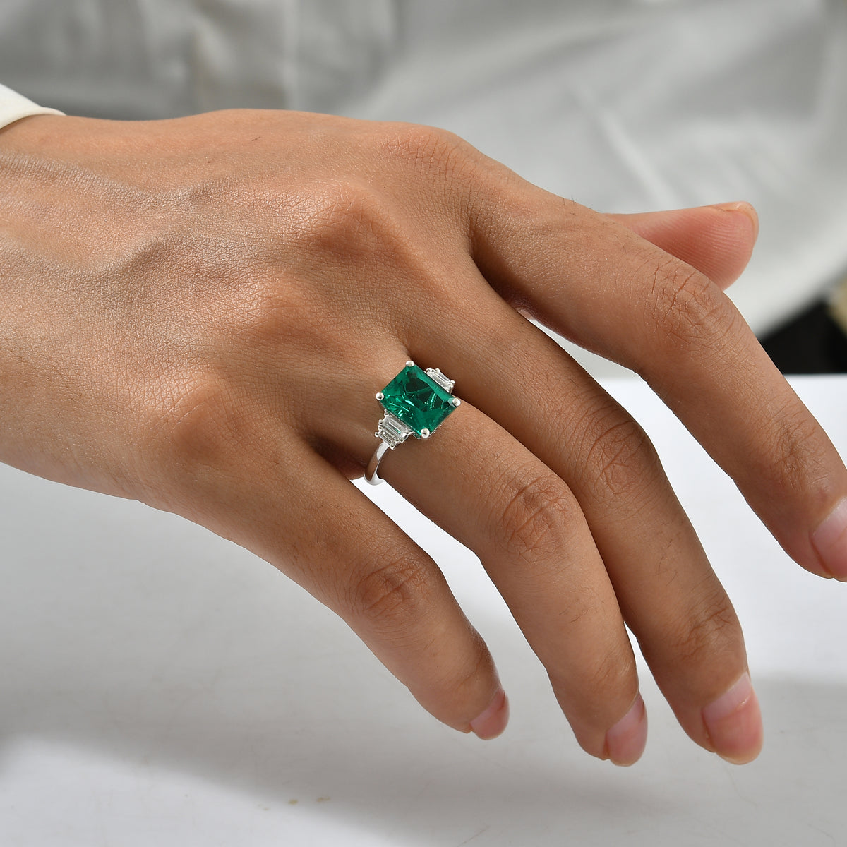 Luxuriant - Lab Grown Columbian Emerald &amp; Lab Grown Diamond (SI-G-H) Ring in Rhodium Overlay Sterling Silver 3.35 Ct. 8752496 2