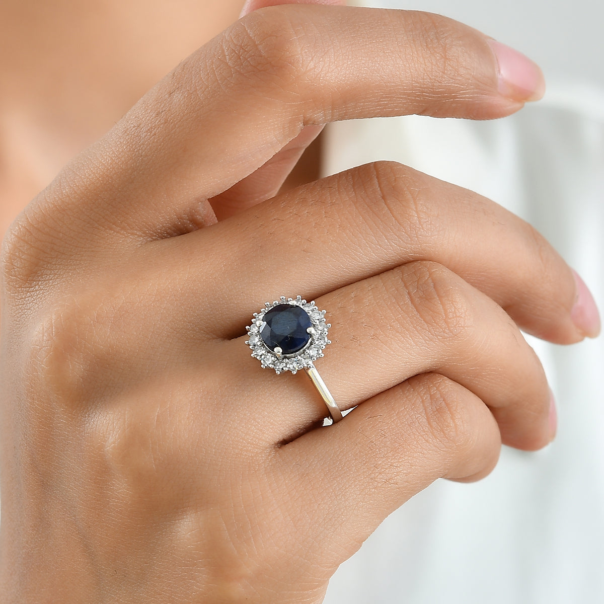 The Royal Blue- AAA Kwai Blue Sapphire &amp; Lab Grown Diamond (SI-G-H) Halo Ring in Rhodium Overlay Sterling Silver 2.82 Ct. 8753284 2