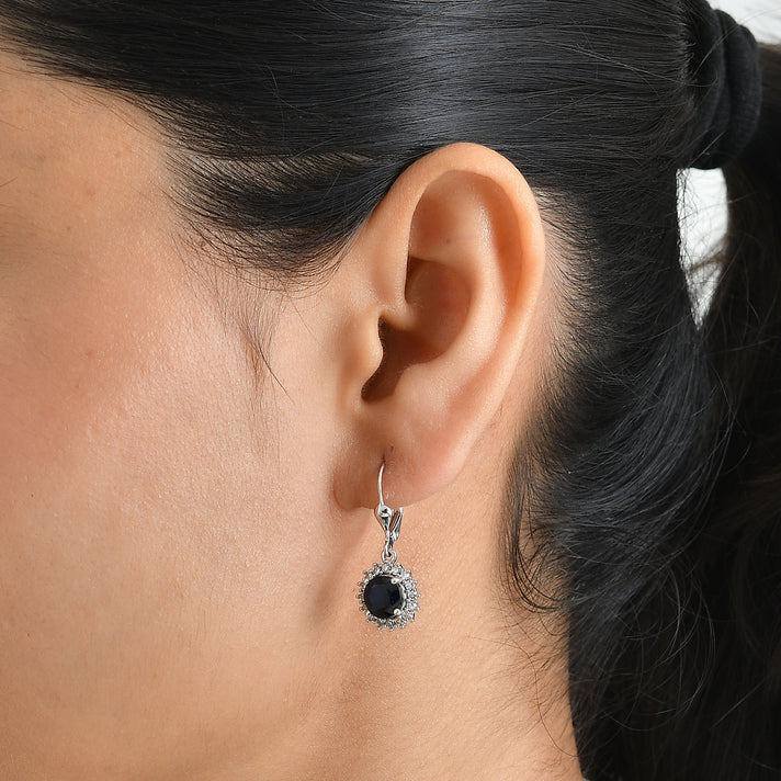 The Royal Blue - AAA Kwai Blue Sapphire &amp; Lab Grown Diamond (SI-G-H) Halo Earring with Lever Back in Rhodium Overlay Sterling Silver 3.88 Ct. 8753291 2