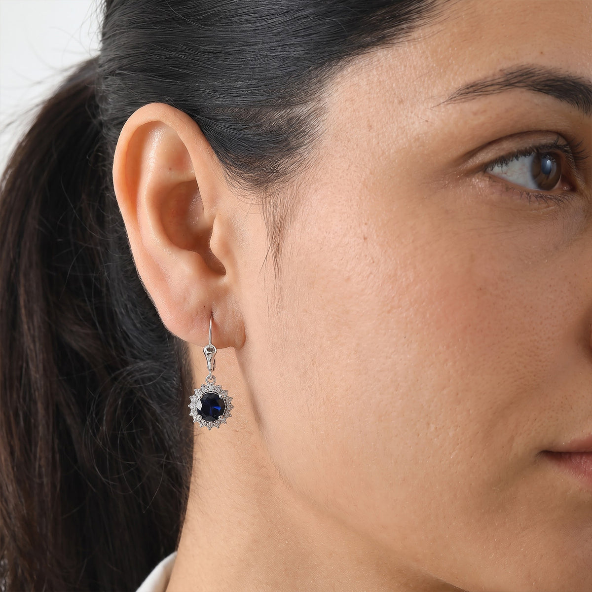 The Royal Blue - AAA Kwai Blue Sapphire &amp; Lab Grown Diamond (SI/G-H) Halo Earring with Lever Back in Rhodium Overlay Sterling Silver 3.88 Ct. 8753291 3