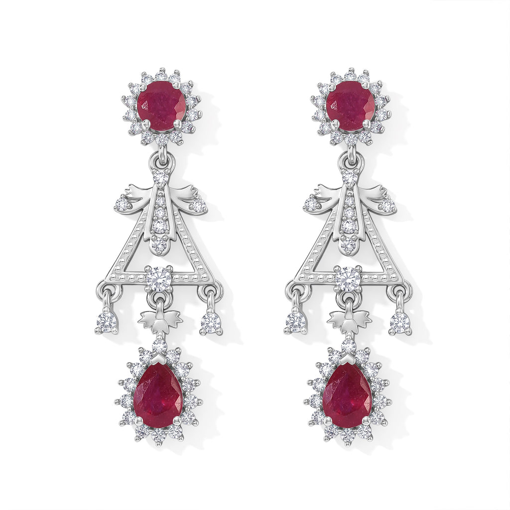 D'Joy - AAA African Ruby & White Zircon Dangling Earring with Push Post in Rhodium Overlay Sterling Silver 5.26 Ct._8753326