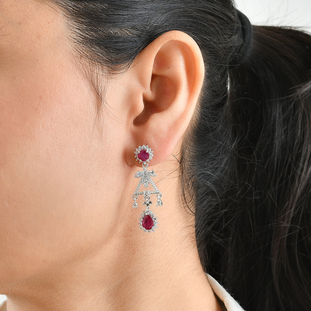 D'Joy - AAA African Ruby &amp; White Zircon Dangling Earring with Push Post in Rhodium Overlay Sterling Silver 5.26 Ct. 8753326 2