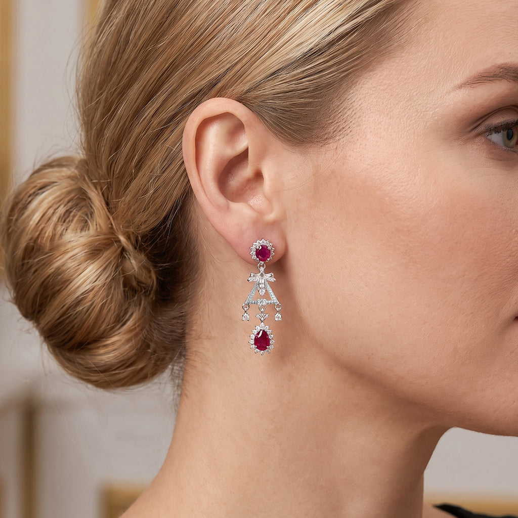 D'Joy - AAA African Ruby & White Zircon Dangling Earring with Push Post in Rhodium Overlay Sterling Silver 5.26 Ct._8753326_2
