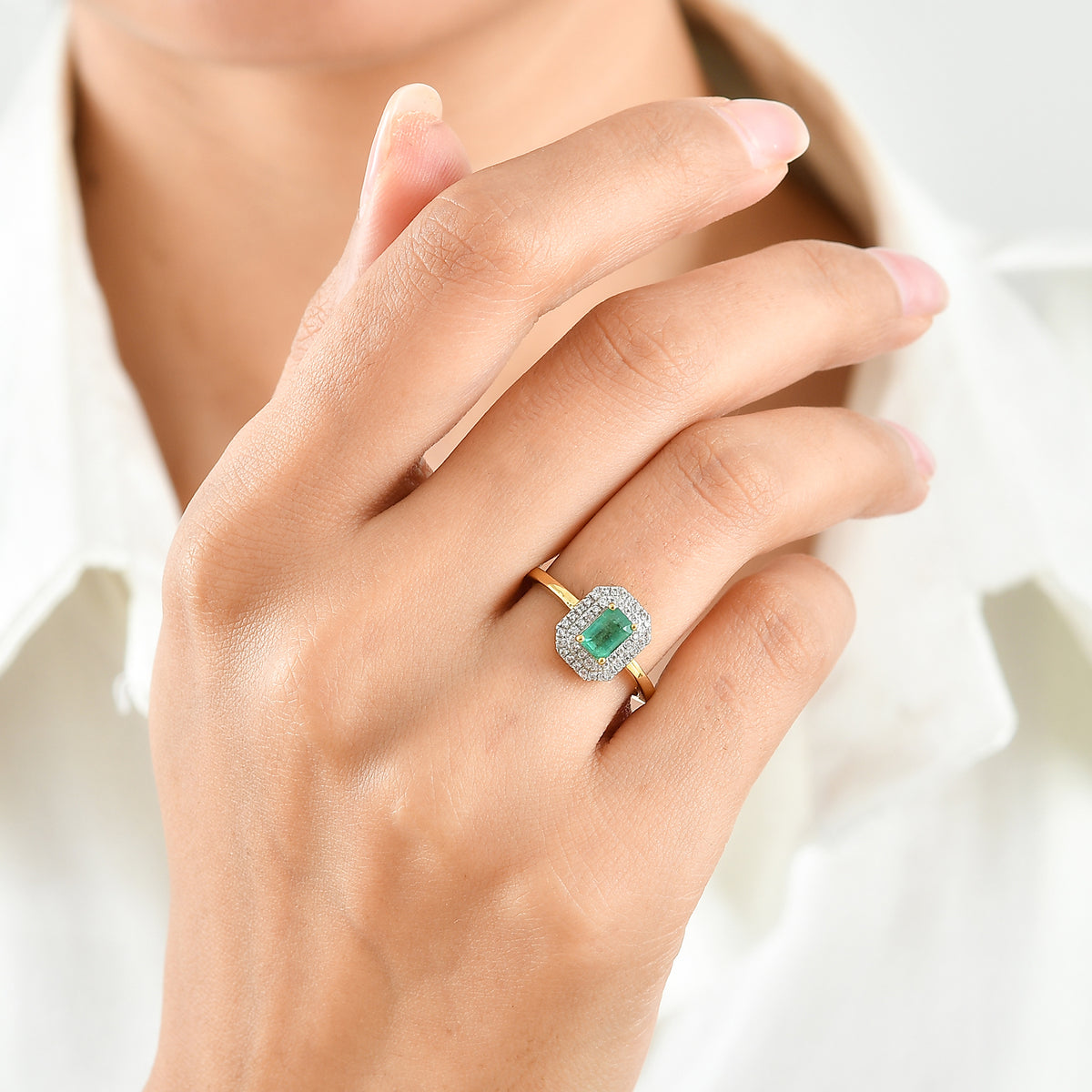 D'Joy - AAA Gemfields Zambian Emerald &amp; White Zircon Halo Ring in 18K Vermeil Yellow Gold Plated Sterling Silver 2.90 Ct. 8753444 2