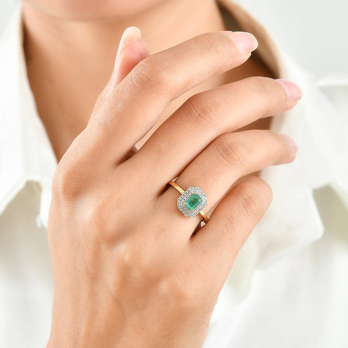 D'Joy - AAA Gemfields Zambian Emerald &amp; White Zircon Halo Ring in 18K Vermeil Yellow Gold Plated Sterling Silver 2.90 Ct. 8753446 2