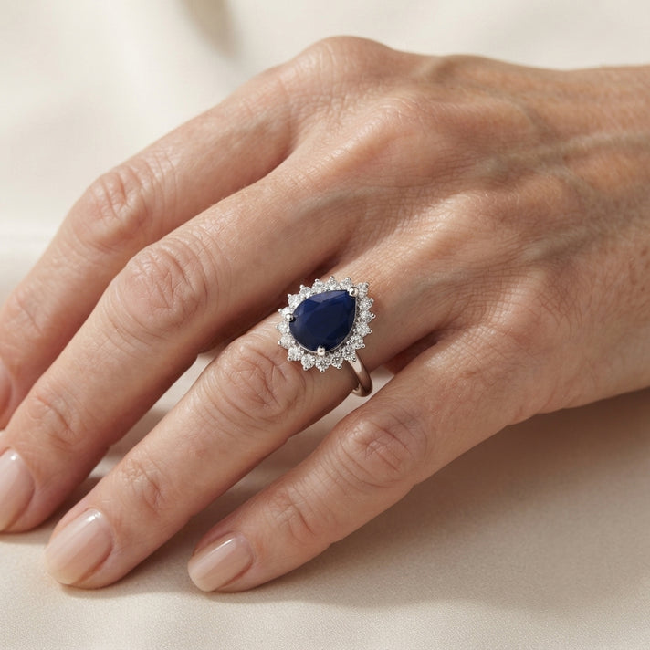 Luxuriant - Kwai Blue Sapphire &amp; Lab Grown Diamond Halo Ring in Rhodium Overlay Sterling Silver 4.25 Ct. 8754274 2