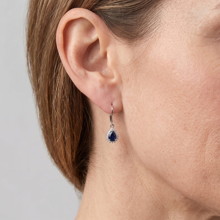 Luxuriant - Kwai Blue Sapphire &amp; Lab Grown Diamond Halo Earring with Lever Back in Rhodium Overlay Sterling Silver 4.20 Ct. 8754401 2