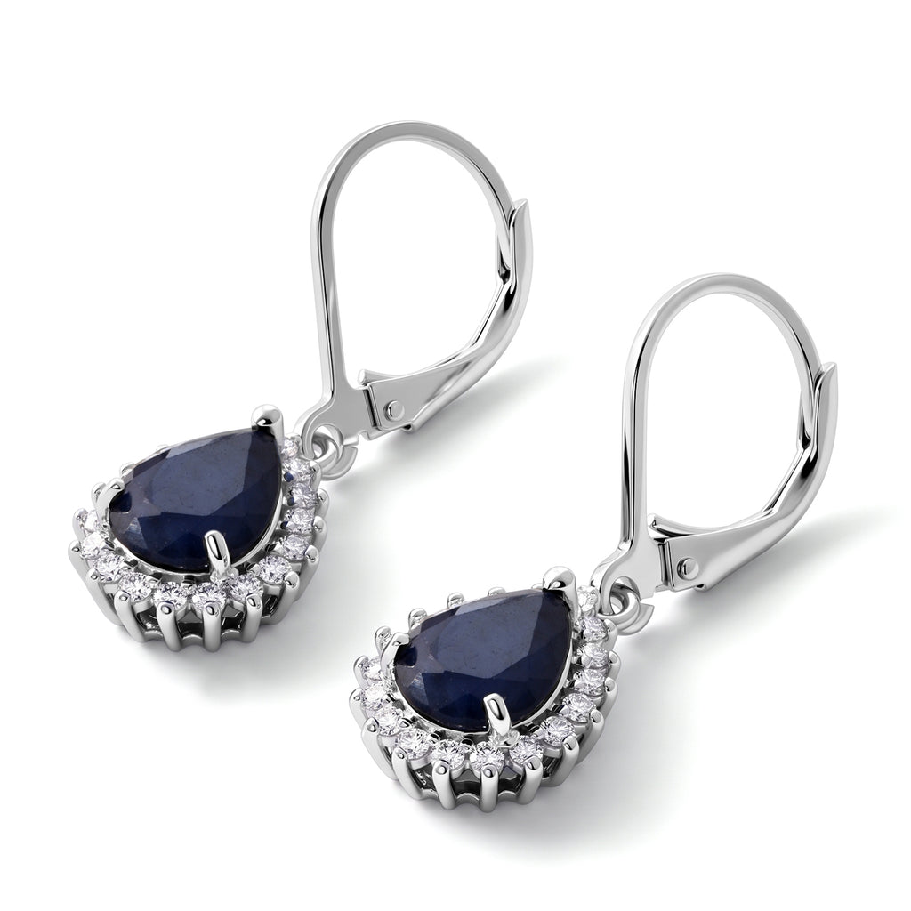 Luxuriant - Diffused Blue Sapphire & Lab Grown Diamond Halo Earring with Lever Back in Rhodium Overlay Sterling Silver 4.20 Ct._8754401_2