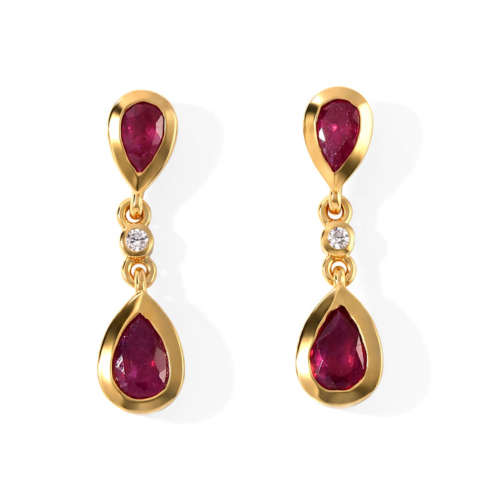 D'Joy - AAA Chanthaburi Ruby &amp; White Zircon Dangling Earring with Push Post in Yellow Gold Plated Sterling Silver 1.80 Ct. 8754469 1