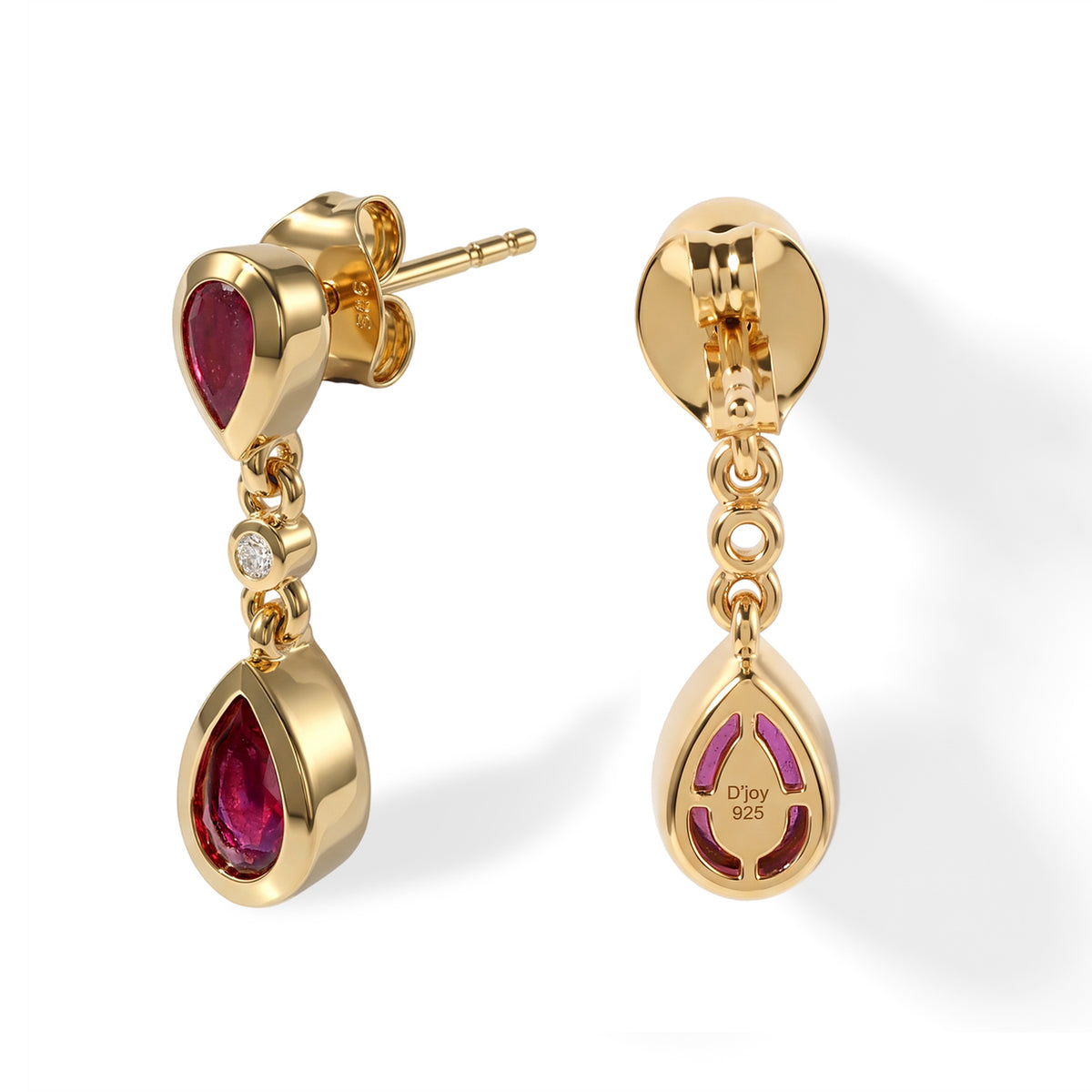 D'Joy - AAA African Ruby &amp; White Zircon Dangling Earring with Push Post in Yellow Gold Plated Sterling Silver 1.80 Ct. 8754469 3