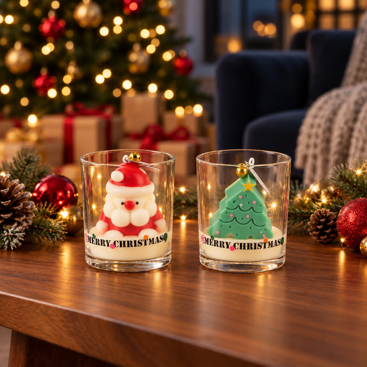 Set of 2 - Festive Santa &amp; Christmas TreeScented Soy Wax Candle - Rose &amp; Cedar 8754496 1