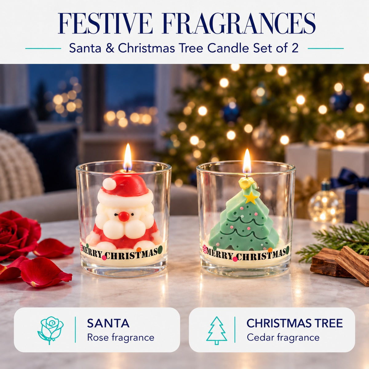 Set of 2 - Festive Santa &amp; Christmas TreeScented Soy Wax Candle - Rose &amp; Cedar 8754496 3