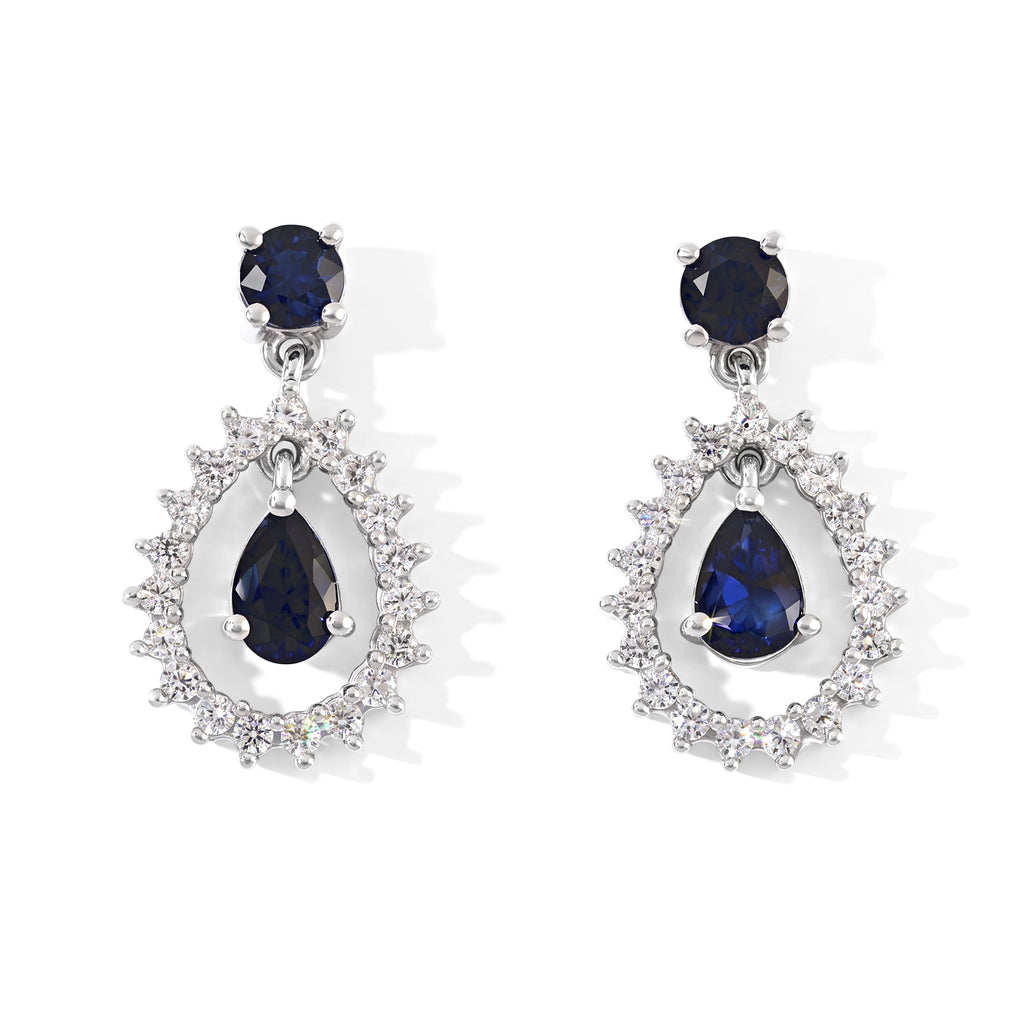 D'Joy - AAA Diffused Blue Sapphire & White Zircon Dangling Earring with Push Post in Platinum Overlay Sterling Silver 2.40 Ct._8754546