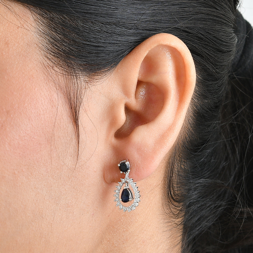 D'Joy - AAA Diffused Blue Sapphire & White Zircon Dangling Earring with Push Post in Platinum Overlay Sterling Silver 2.40 Ct._8754546_1