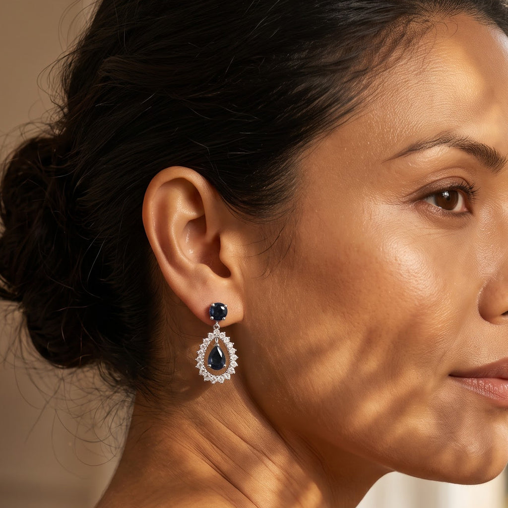 D'Joy - AAA Diffused Blue Sapphire & White Zircon Dangling Earring with Push Post in Platinum Overlay Sterling Silver 2.40 Ct._8754546_2