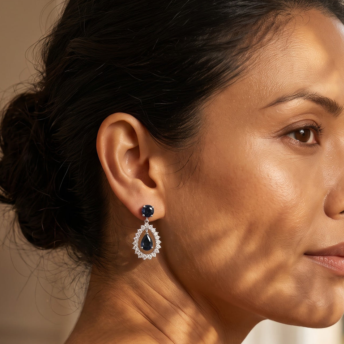 D'Joy - AAA Diffused Blue Sapphire &amp; White Zircon Dangling Earring with Push Post in Platinum Overlay Sterling Silver 2.40 Ct. 8754546 2