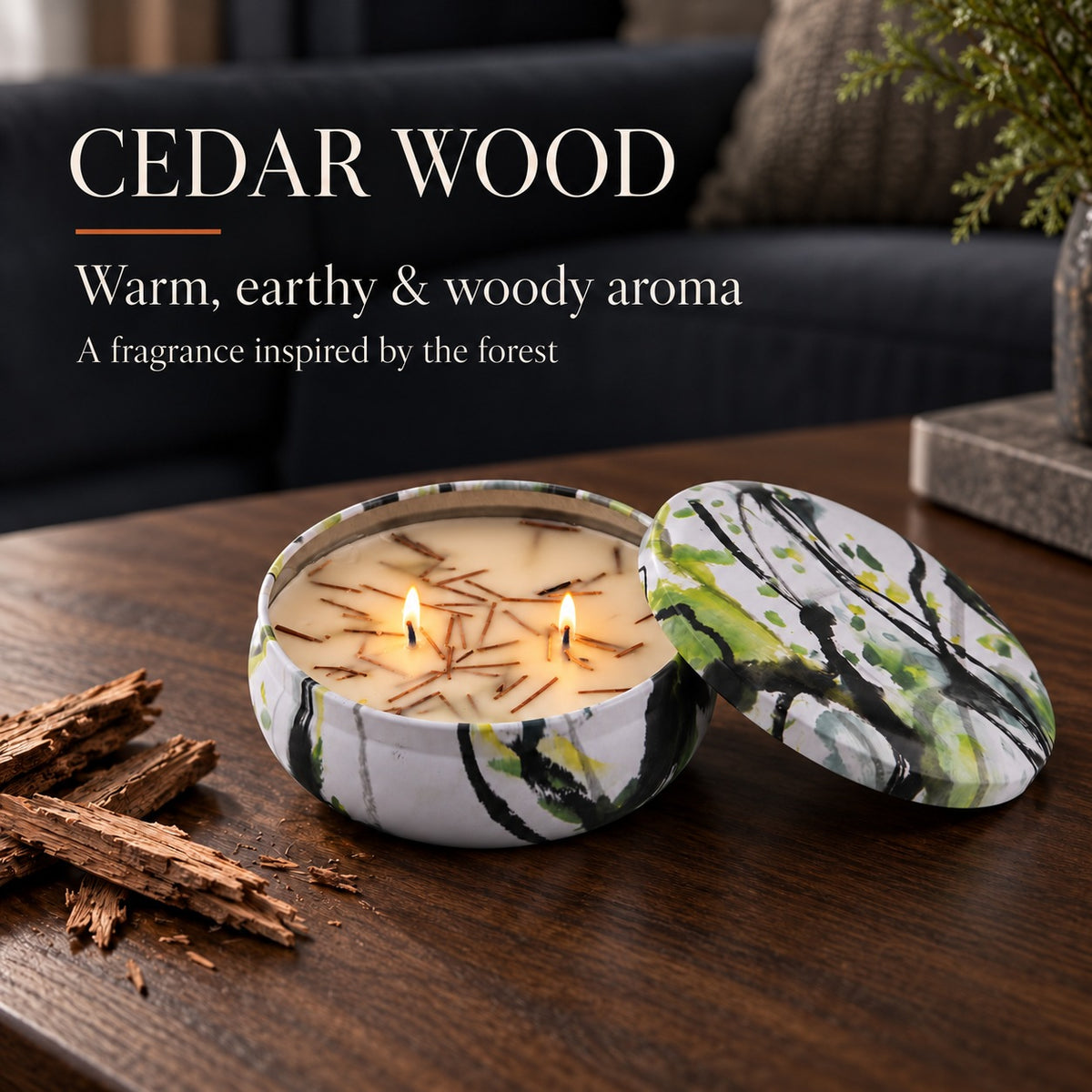 Scented Soy Wax Decorative Tin Candle With Botanical (230g) - Cedar Wood 8754550 2