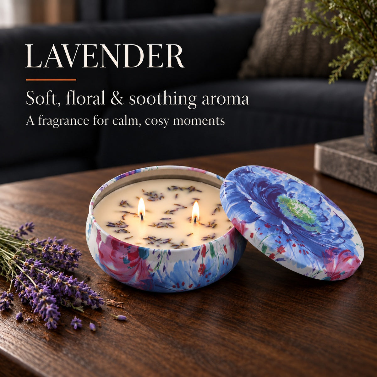 Scented Soy Wax Decorative Tin Candle With Botanical (230g) - Lavender 8754562 2