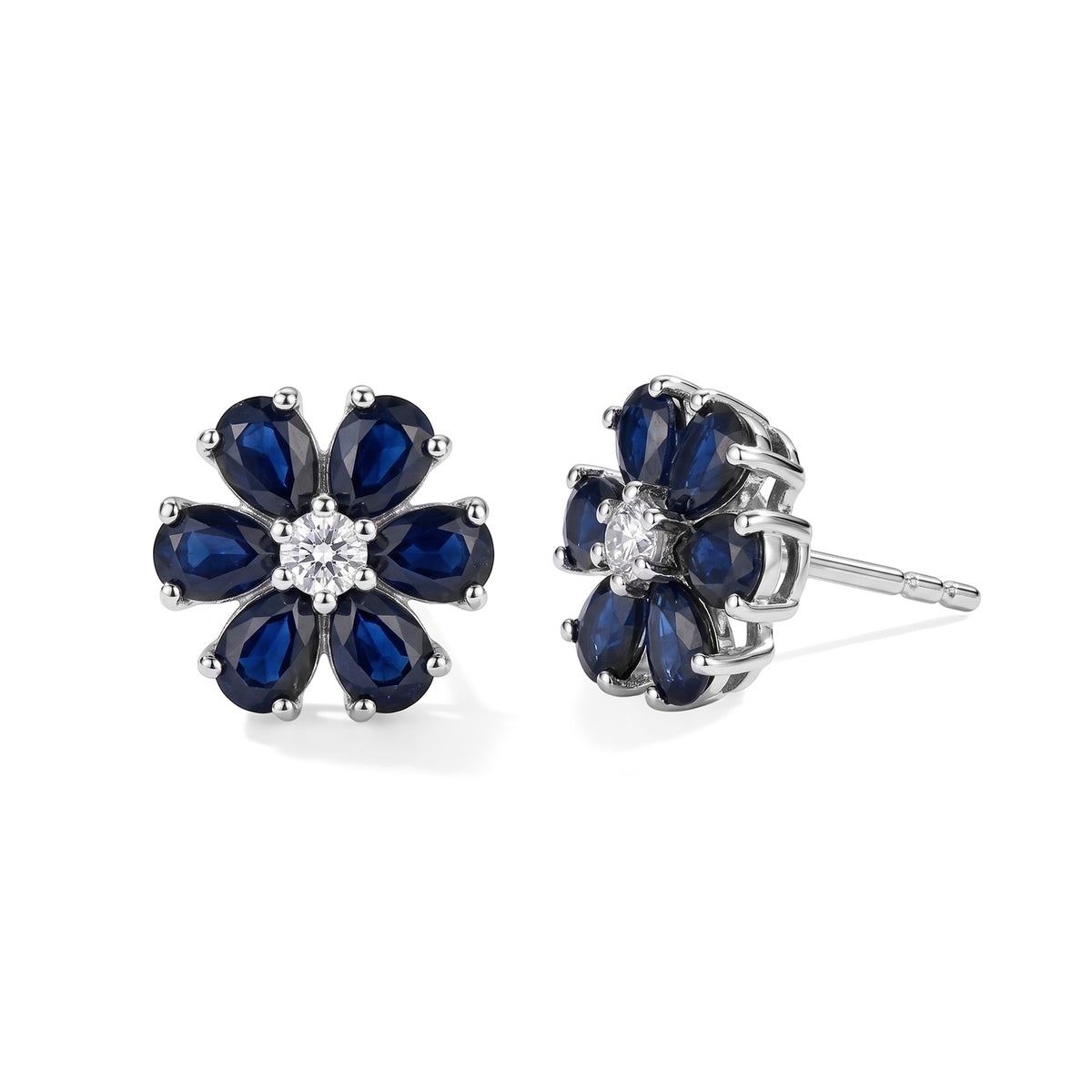 Luxuriant - Diffused Blue Sapphire &amp; Lab Grown Diamond (SI-G-H) Floral Earring with Push Post in Platinum Overlay Sterling Silver 2.50 Ct. 8754726 0