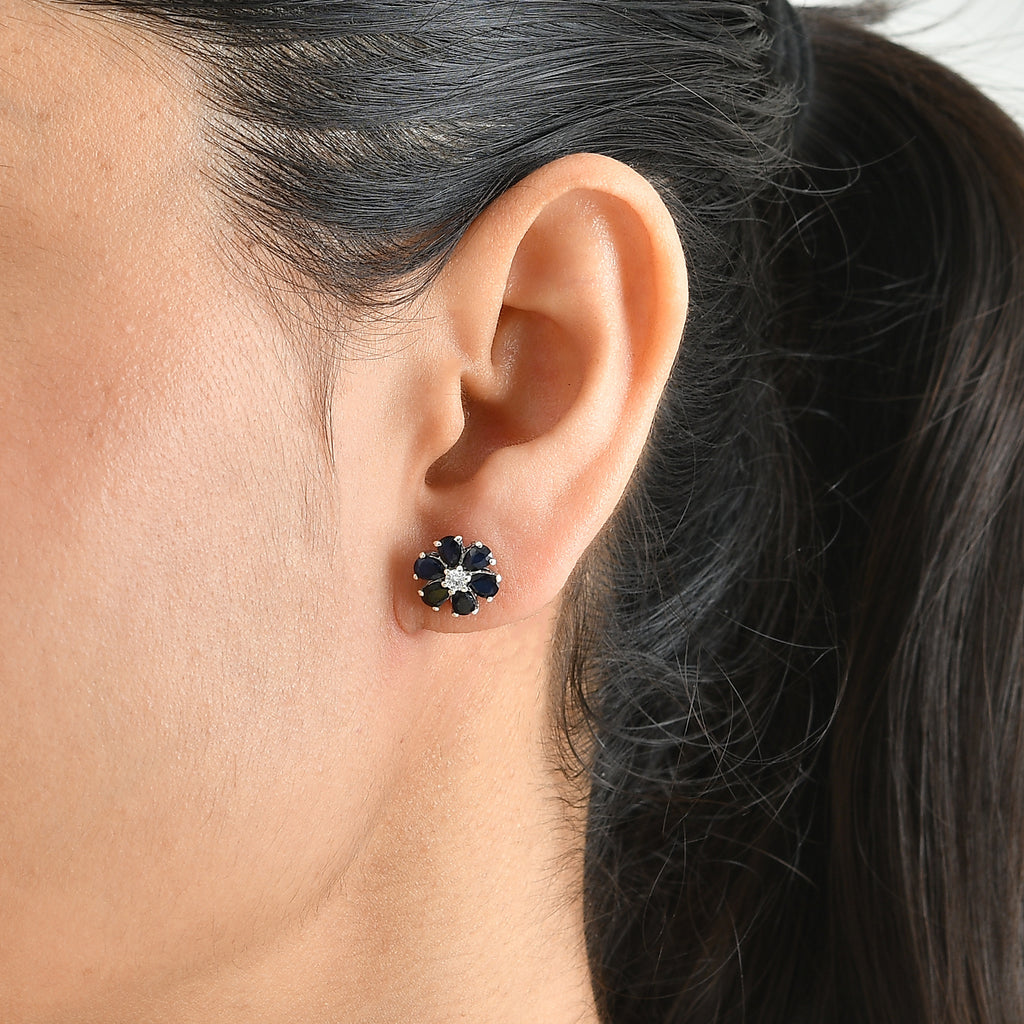 Luxuriant - Diffused Blue Sapphire & Lab Grown Diamond (SI/G-H) Floral Earring with Push Post in Platinum Overlay Sterling Silver 2.50 Ct._8754726_1
