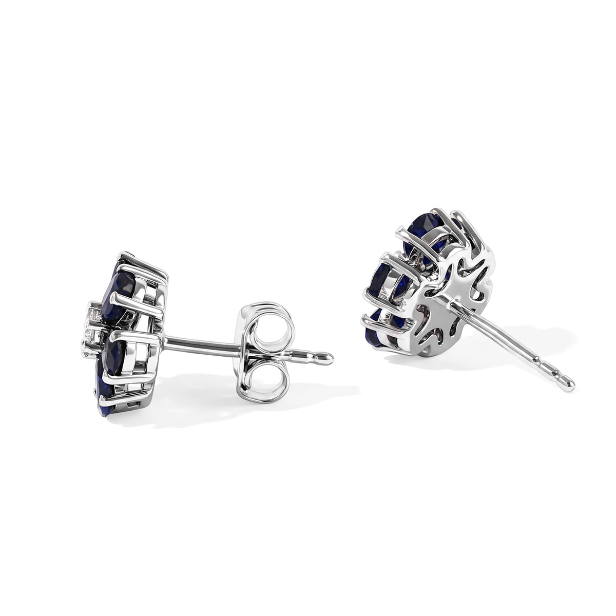 Luxuriant - Diffused Blue Sapphire &amp; Lab Grown Diamond (SI-G-H) Floral Earring with Push Post in Platinum Overlay Sterling Silver 2.50 Ct. 8754726 3
